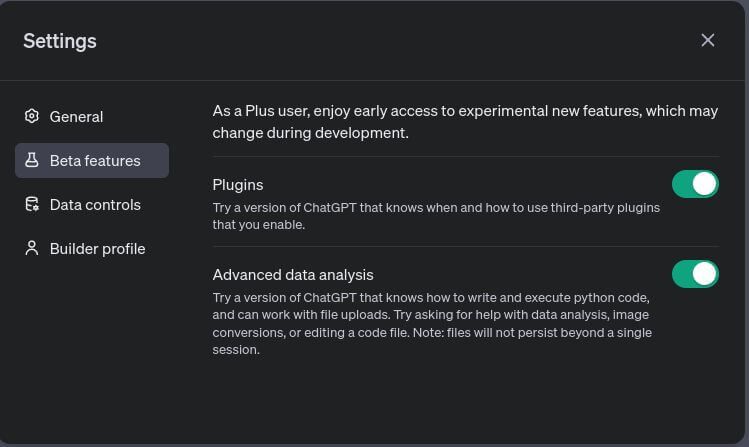 Option Plugins dans Beta features de ChatGPT