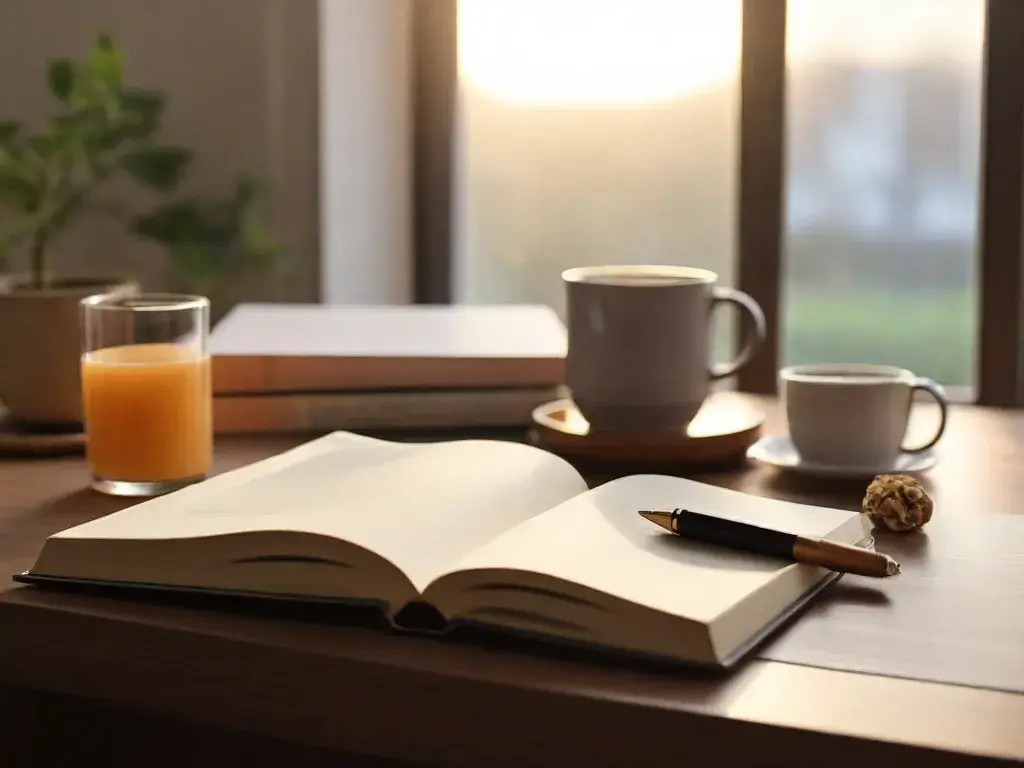 Livre et tasse de café symbolisant le rituel du matin.