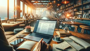 Un café-bibliothèque chaleureux et futuriste avec des personnes travaillant sur des ordinateurs portables, des icônes holographiques de technologie flottant dans l'air et une vue sur les montagnes à travers de grandes fenêtres.