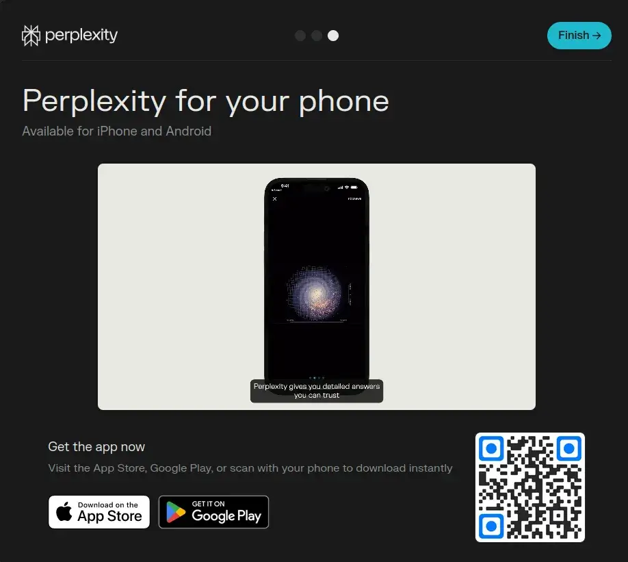 Publicité pour l'application mobile Perplexity AI, disponible sur iPhone et Android, présentant un smartphone au centre avec un graphique sphérique lumineux sur l'écran.