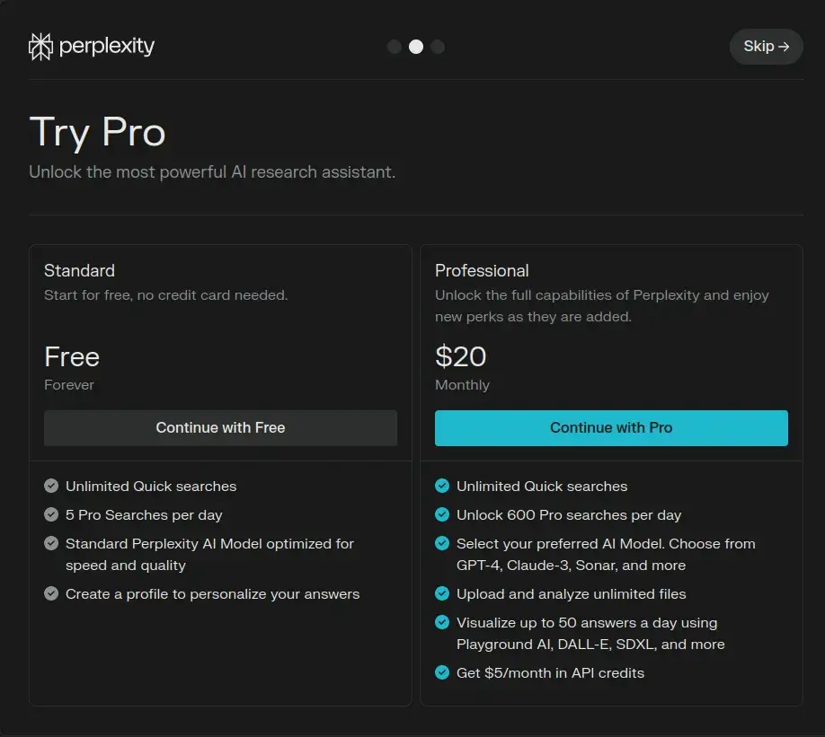 Page des tarifs de Perplexity AI présentant deux options. À gauche, l'option 'Standard' gratuite avec des fonctionnalités telles que des recherches rapides illimitées et un modèle d'IA standard. À droite, l'option 'Professionnel' à 20 dollars par mois avec des recherches pro illimitées et des options de visualisation avancées.