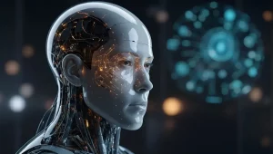 Portrait réaliste d'un robot humanoïde avec des composants mécaniques et électroniques sous une surface lisse ressemblant à de la porcelaine.
