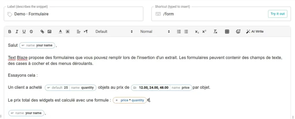 Formulaire d'exemple utilisant les formules de date dans Text Blaze