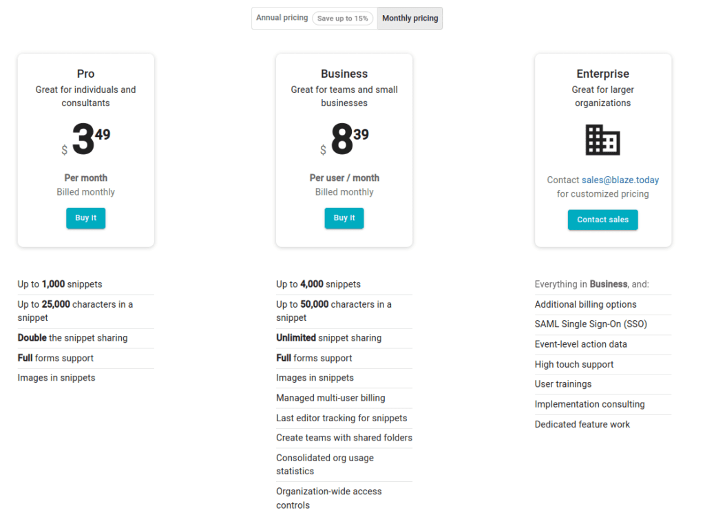 Détails des offres d'abonnement Text Blaze incluant les forfaits Pro, Business et Enterprise avec prix et fonctionnalités