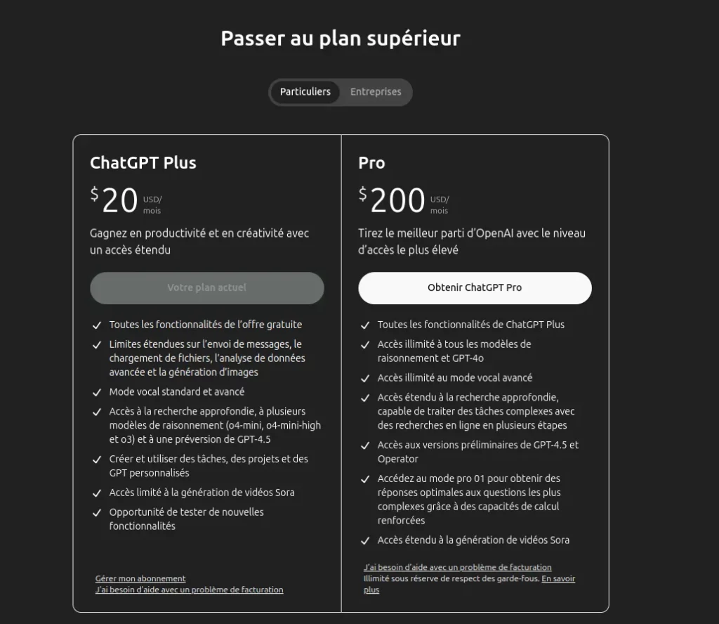Comparaison des plans 
ChatGPT Plus et Pro avec détails des fonctionnalités et prix