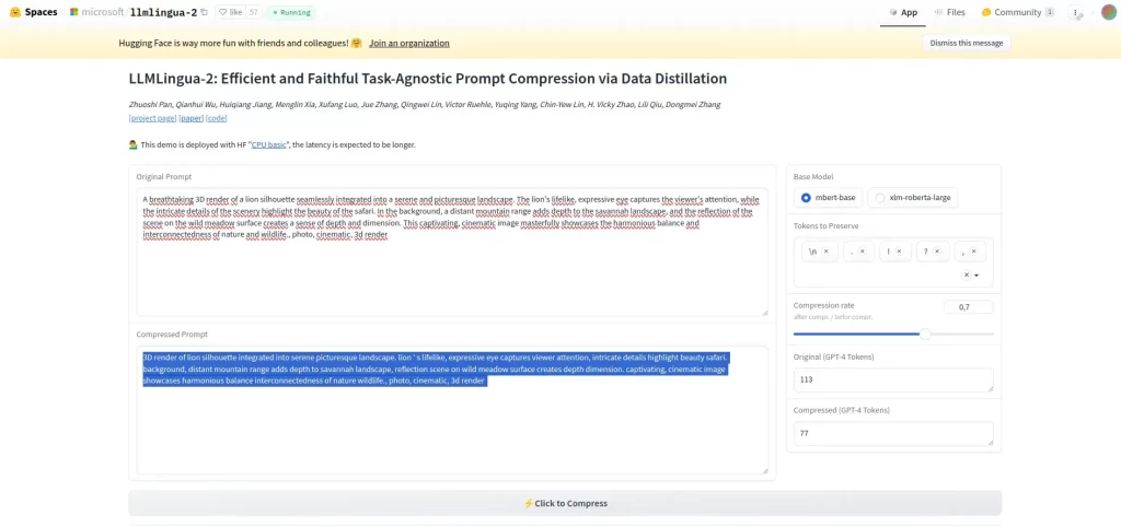 Capture d'écran de l'interface Hugging Face pour LLMLingua-2 montrant la compression de prompt avec des sections de prompt original et compressé, des paramètres de modèle de base, et un taux de compression ajustable