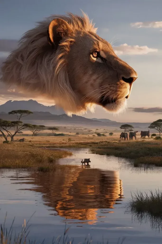 Illustration surréaliste d'une tête de lion flottant au-dessus d'une savane africaine avec des animaux et un miroir d'eau.