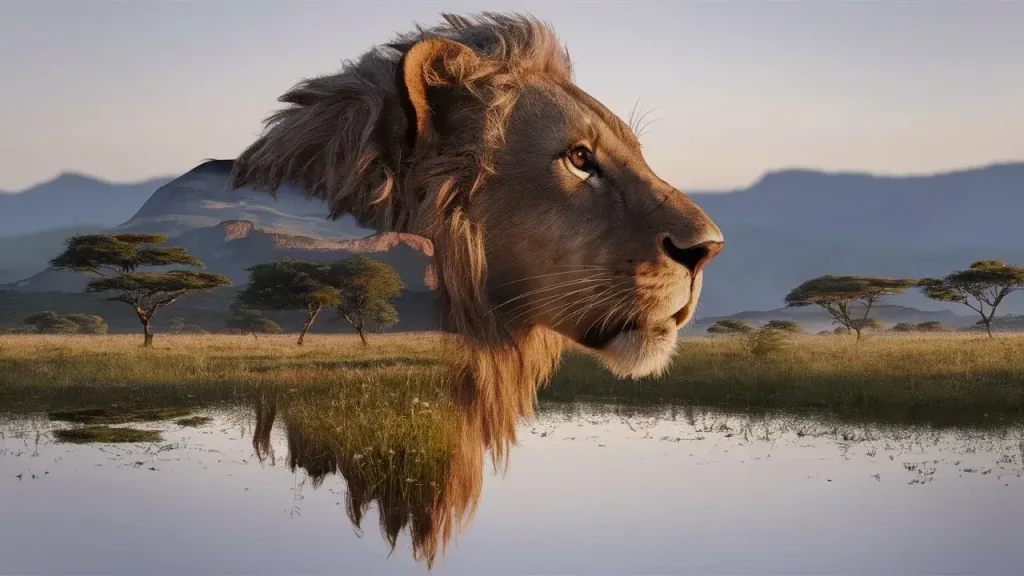 Illustration surréaliste d'une tête de lion flottant au-dessus d'une savane africaine avec un miroir d'eau.