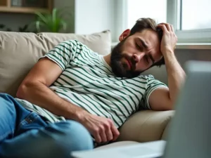 Homme barbu allongé sur un canapé beige, vêtu d'un t-shirt rayé blanc et vert et d'un jean bleu, avec un ordinateur portable sur le sol, illustrant la flemme au travail.