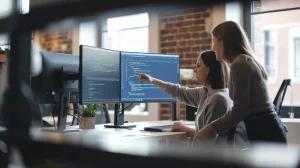 Scène d'un bureau moderne avec deux femmes collaborant sur un projet de programmation, l'une pointant un écran d'ordinateur