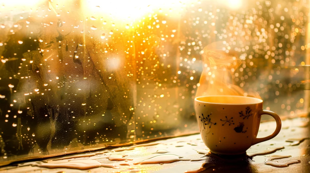 Tasse de thé chaude posée près d'une fenêtre couverte de gouttes de pluie, avec de la vapeur s'échappant sous une lumière dorée et douce, évoquant une ambiance chaleureuse par un après-midi pluvieux.
