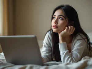 Jeune femme aux cheveux noirs, allongée et pensive, travaillant sur un ordinateur portable dans un intérieur lumineux