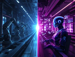 Illustration réaliste d’un bras robotisé industriel face à un agent IA humanoïde dans un centre de commande futuriste, représentant le contraste entre automatisation classique et intelligence artificielle adaptative.