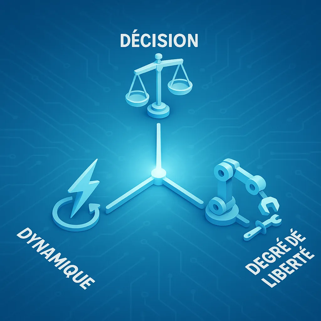 Illustration 3D d’une boussole de décision avec trois axes — décision, dynamique, et degré de liberté — sur fond technologique bleu représentant un modèle mental d’analyse stratégique assistée par l’intelligence artificielle.